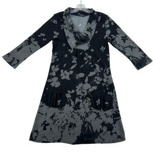 Reborn Womens Floral Print Cowl Neck Sweater Dress Size M Black Gray Pockets